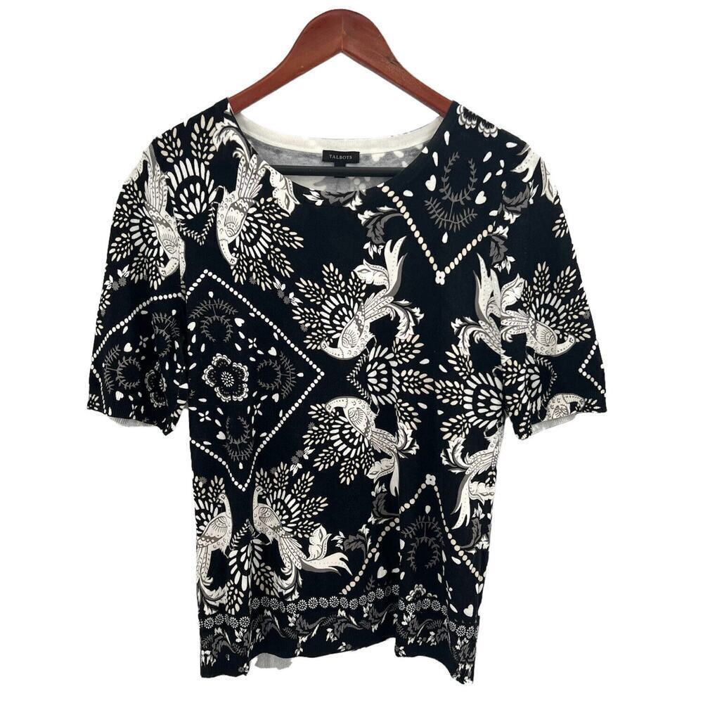 Talbots Floral Bird Print Short Sleeve Sweater